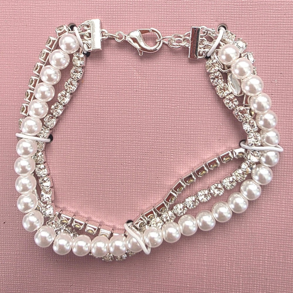 Emberly Silver Tone Faux Pearl and Rhinestone Multi Strand Bracelet NWT